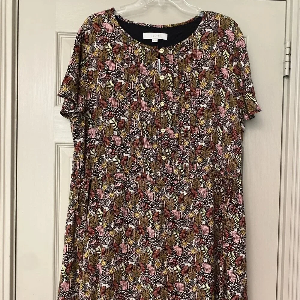 Loft Size XXL Paradise Jungle Print Button Front Side Tie Safari Dress NWT - Picture 1 of 8